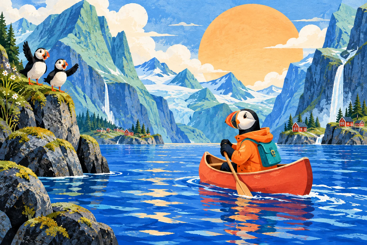 A puffin in an orange raincoat paddles a red canoe across a turquoise fjord.