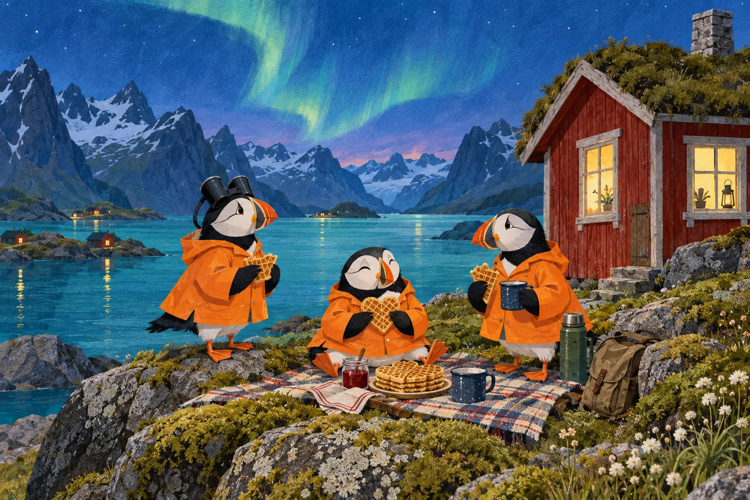Three puffins share waffles outside a red cabin beneath the northern lights.